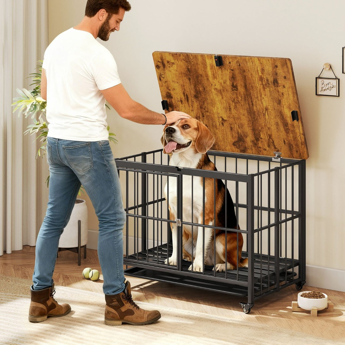 Hopfällbar – hundkoja med utdragbar bricka, hjul och låsbar dörr i sidobord Hundbur – 2 1 – Rustik brun
