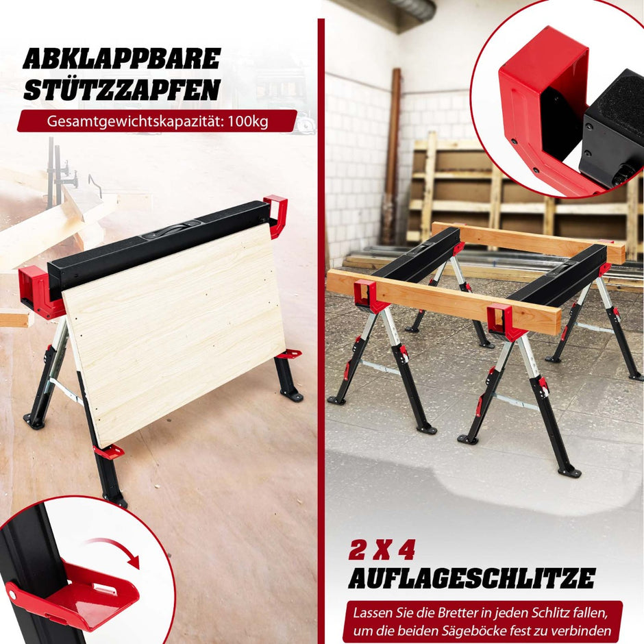 Hopfällbar – såghäst i pack av stål med stödarmar Höjdjusterbar – 2 2 x 4 61,5-82,7 cm – Röd och svart