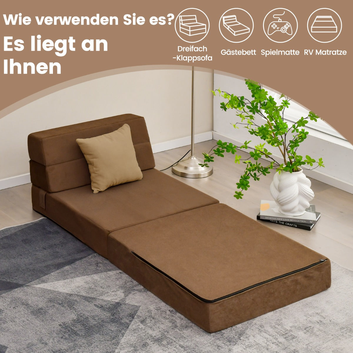 i – hopfällbar bäddsoffa med tvättbart överdrag Extra tjockt skum (15 cm) – 3 1 – Brun