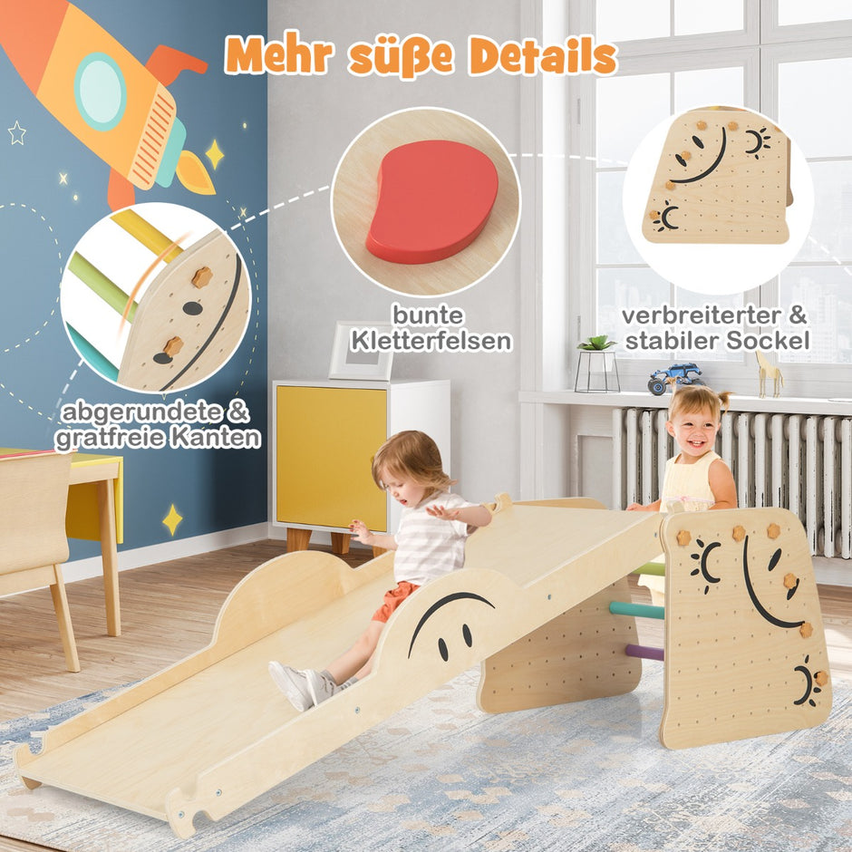 Träklättrare – set med vändbar ramp och gungbräda klätterstege smiley face patterns klätterleksak – Natur