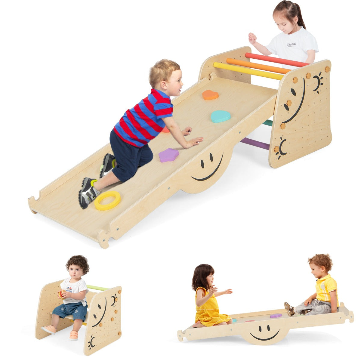 Träklättrare – set med vändbar ramp och gungbräda klätterstege smiley face patterns klätterleksak – Natur
