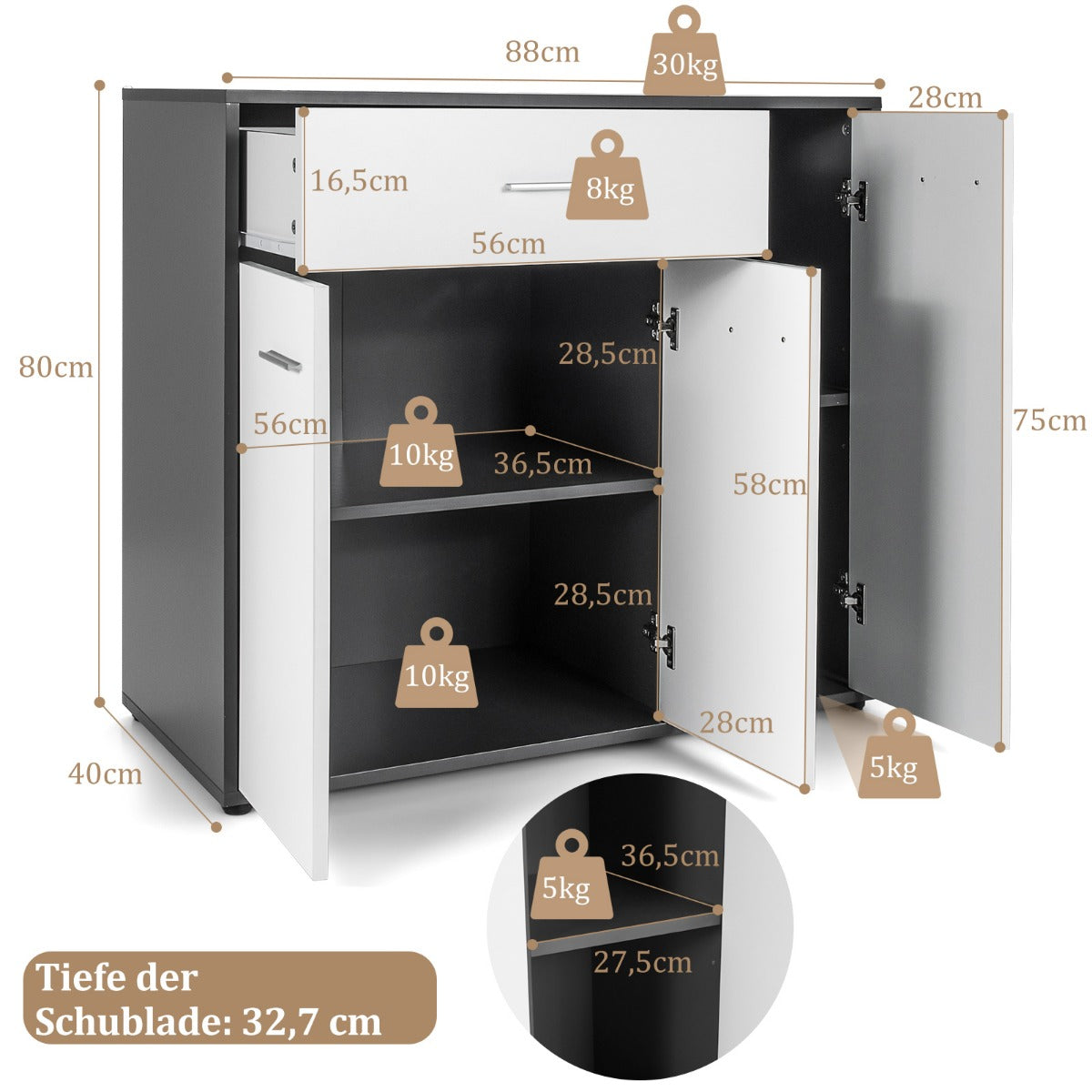 Byrå – Köksbufféskåp med låda Köksskåp ställbar hylla – 88 x 40 x 80 cm – Svart och vit