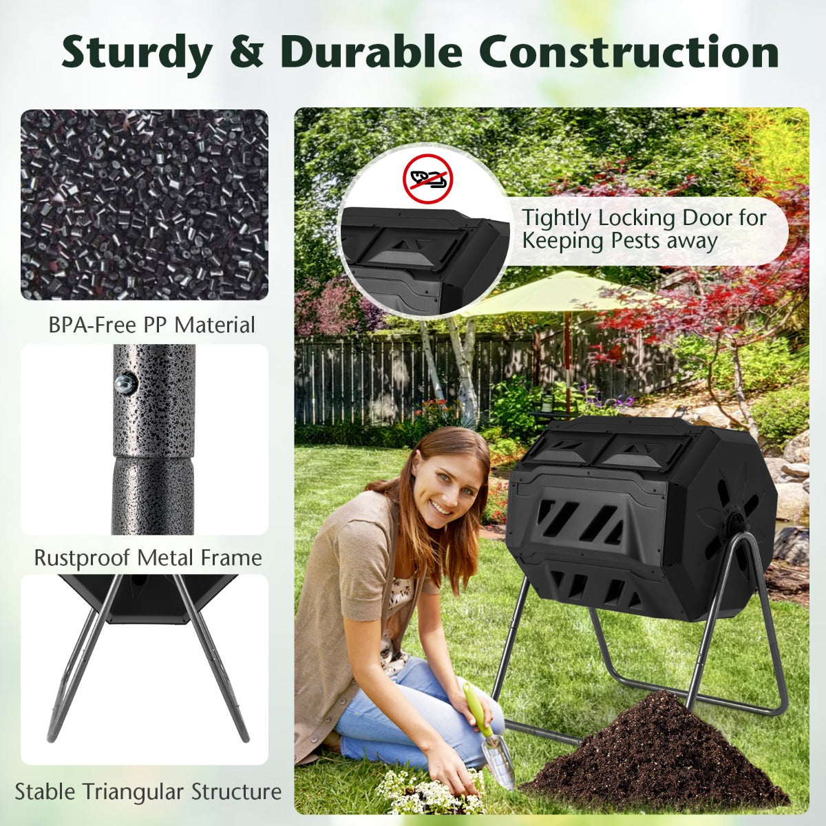 160L – Trumkompostör Trädgårdskompostor dubbelkammare 360° Vridbar – 70 x 63 x 93 cm – Svart