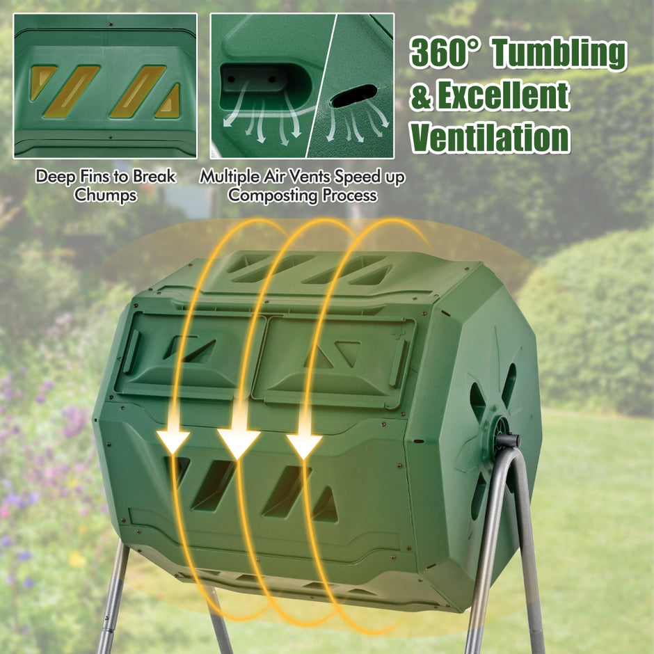 160L – Trumkompostör Trädgårdskompostor dubbelkammare 360° Vridbar – 70 x 63 x 93 cm – Grön