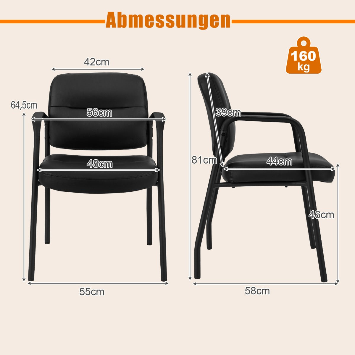 Konferensstolar – Set med vadderade besöksstolar armstöd och metallram – 2 58 x 56 x 81 cm – Svart
