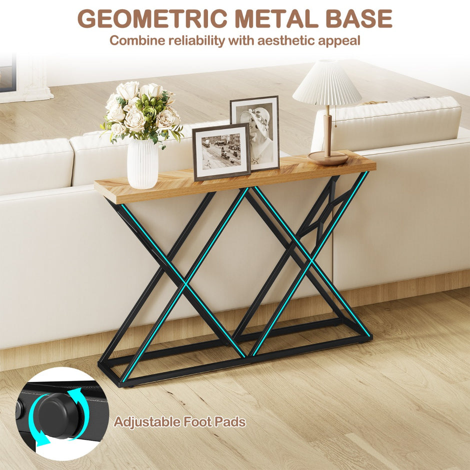 Konsollbord – Lantgårds hallbord med geometrisk Metallbasis industriell accentbord Träfärg – 140 cm – Trä