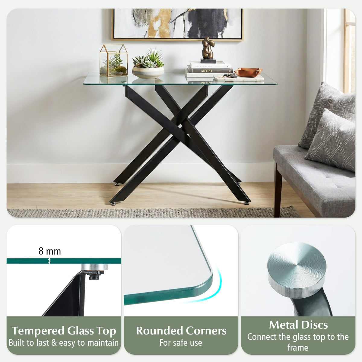 Modern – Glasbord med Klar Härdat och Stabil Metallben Konsolbord – Svart