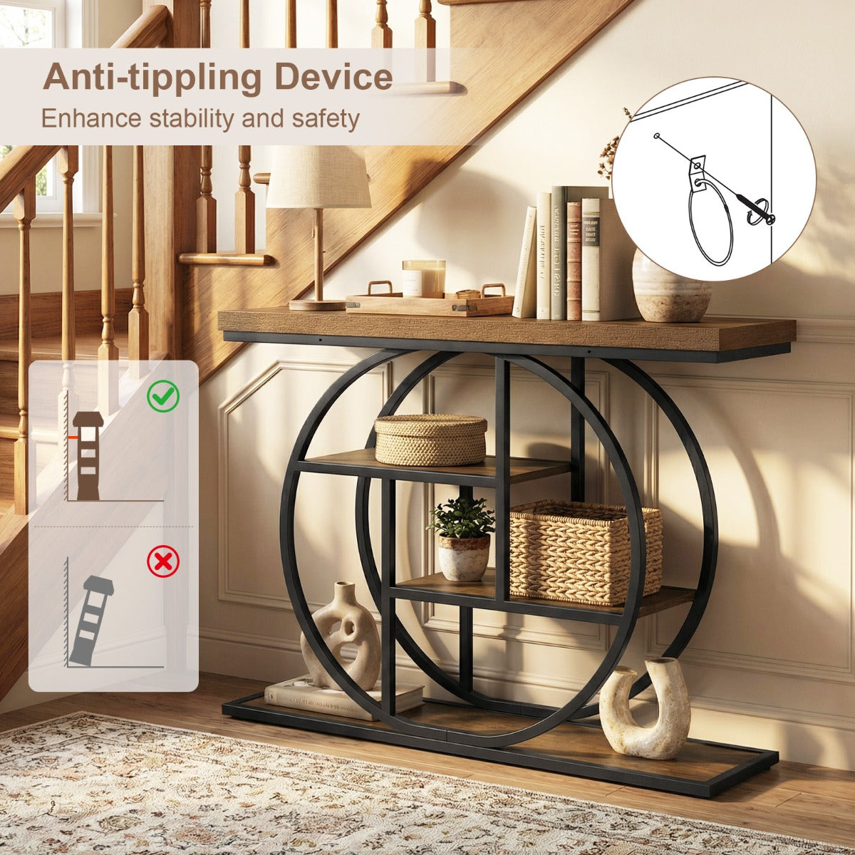 Smal – konsolbord med öppna hyllor, industriellt entrébord, korridorbord – 4 – Brun + svart