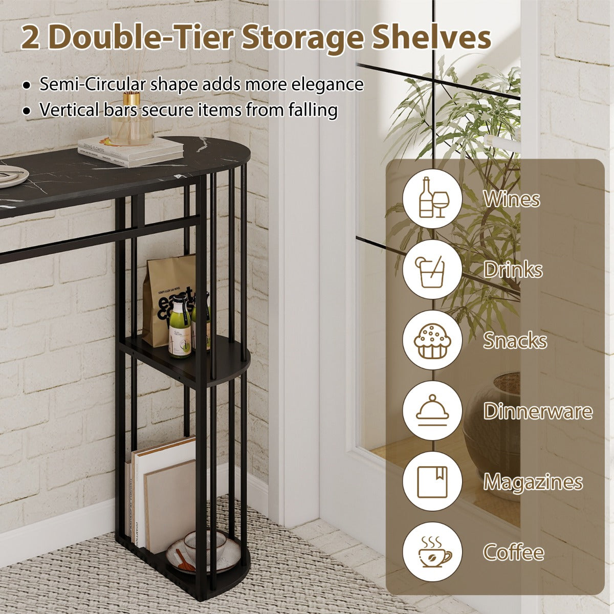 Bartisch – med förvaring, ståbord i marmorlook, modern köksdisk halvrunda hyllor – 4 – Svart