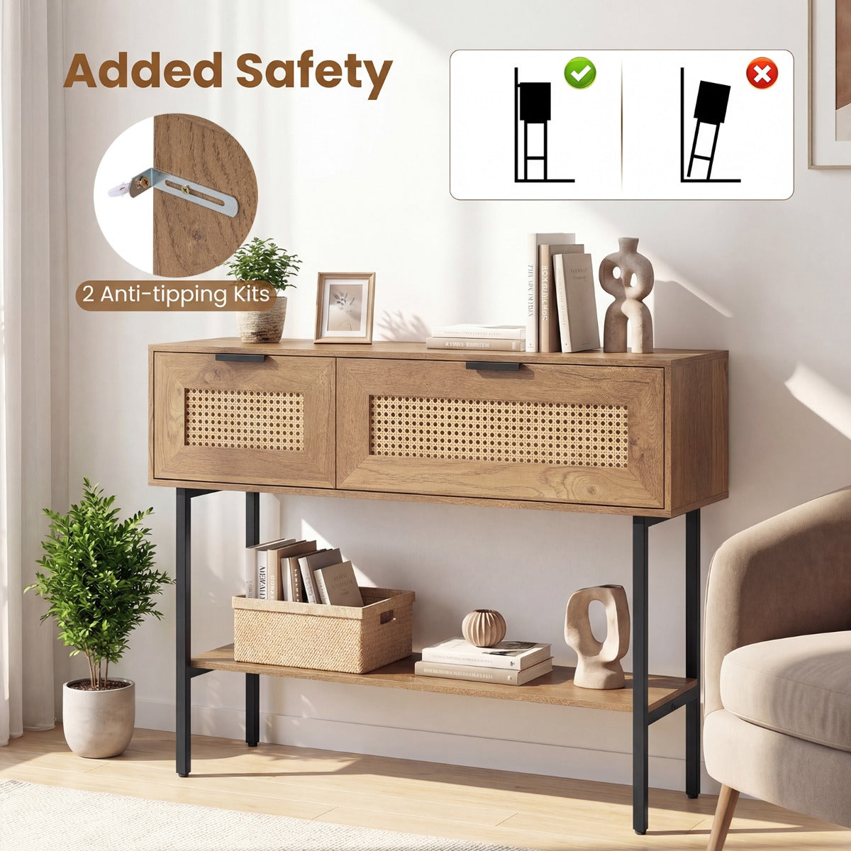 Boho – Konsolbord Med Fack och Öppet Hyllsystem Smalt Hallbord Bärbart Upp Till – 2 90 Kg – Natur