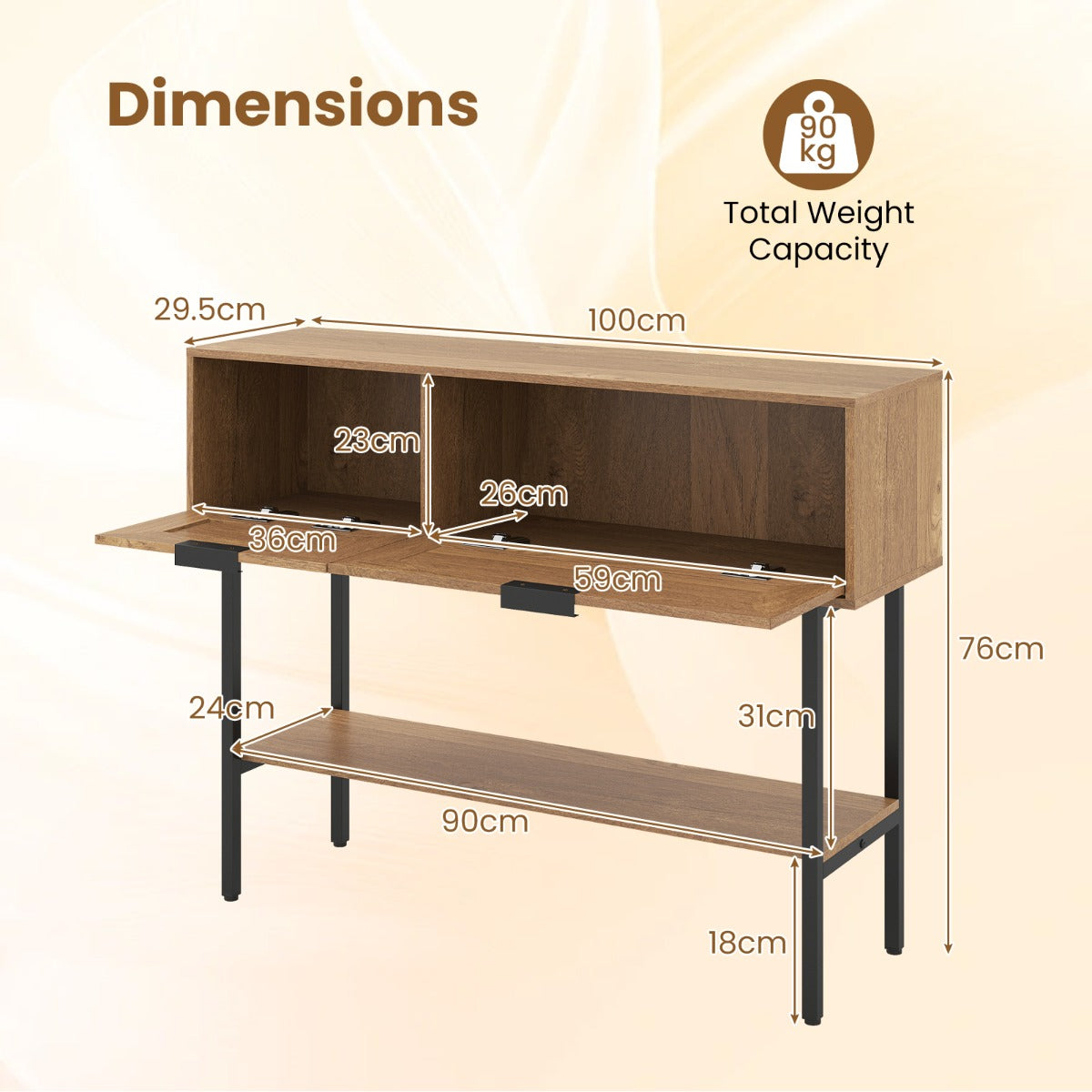 Boho – Konsolbord Med Fack och Öppet Hyllsystem Smalt Hallbord Bärbart Upp Till – 2 90 Kg – Natur