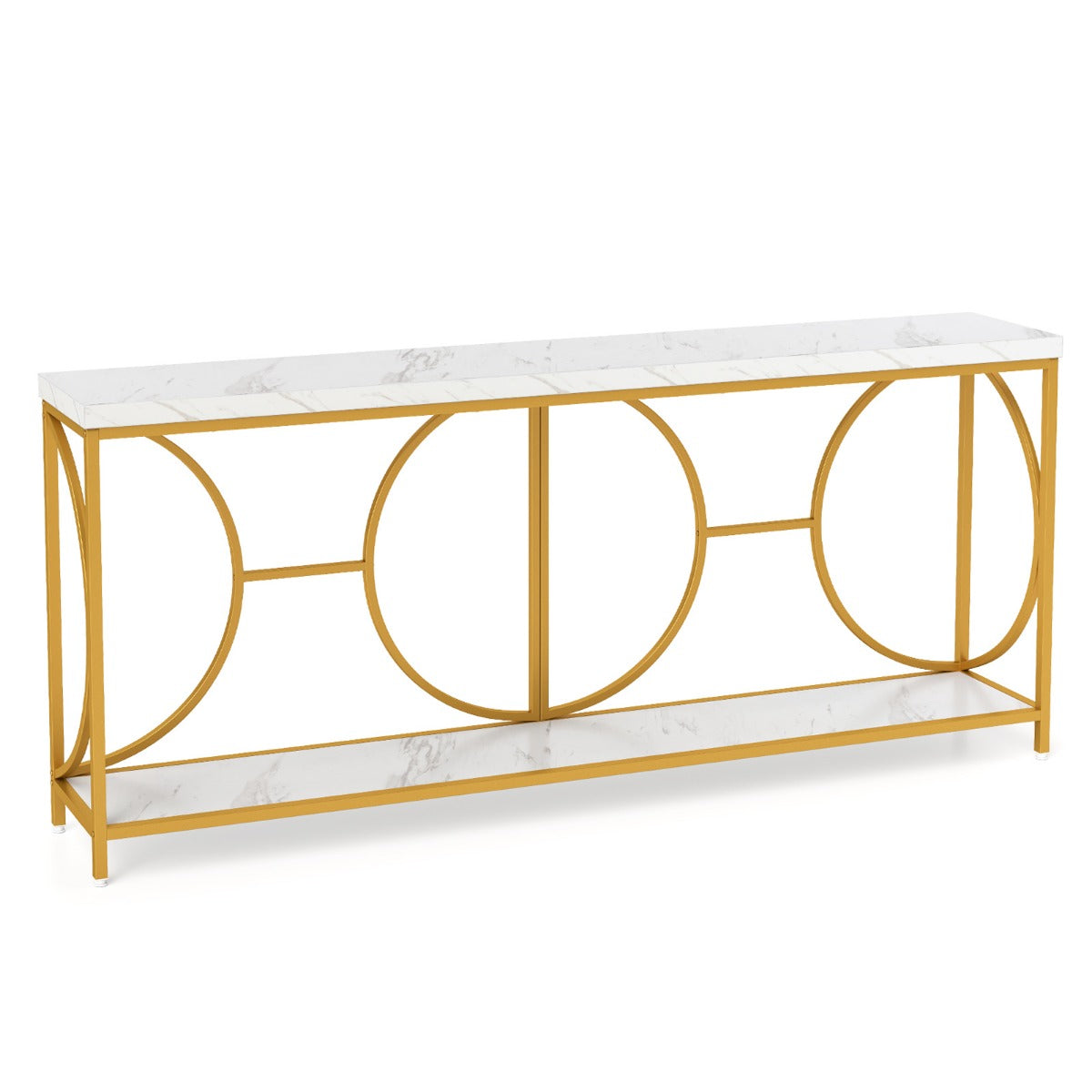 Konsolbord – entrébord smalt soffbord i marmorlook med geometrisk metallram – 180 cm – Vit