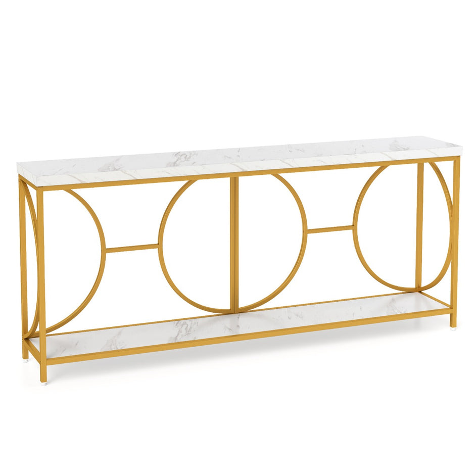 Konsolbord – entrébord smalt soffbord i marmorlook med geometrisk metallram – 180 cm – Vit