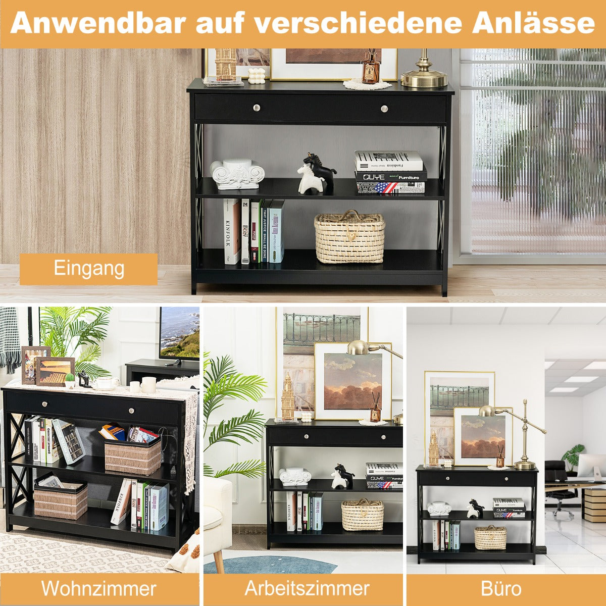 vånings – konsolbord med låda Hallbord av trä – 3 100 x 30 x 80 cm – Svart