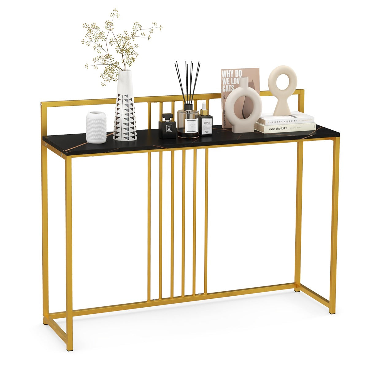 Konsolbord – med marmorlook och guldfärgad metallstomme Modernt hallbord – 120 cm – Svart