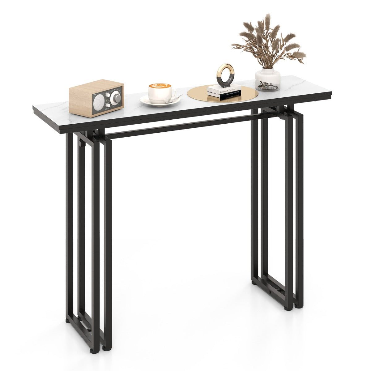 Konsolbord – marmorlook med metallram anti lutningsanordning och justerbara fotkuddar hallbord + – 110 x 30 x 81 cm – Svart och vit