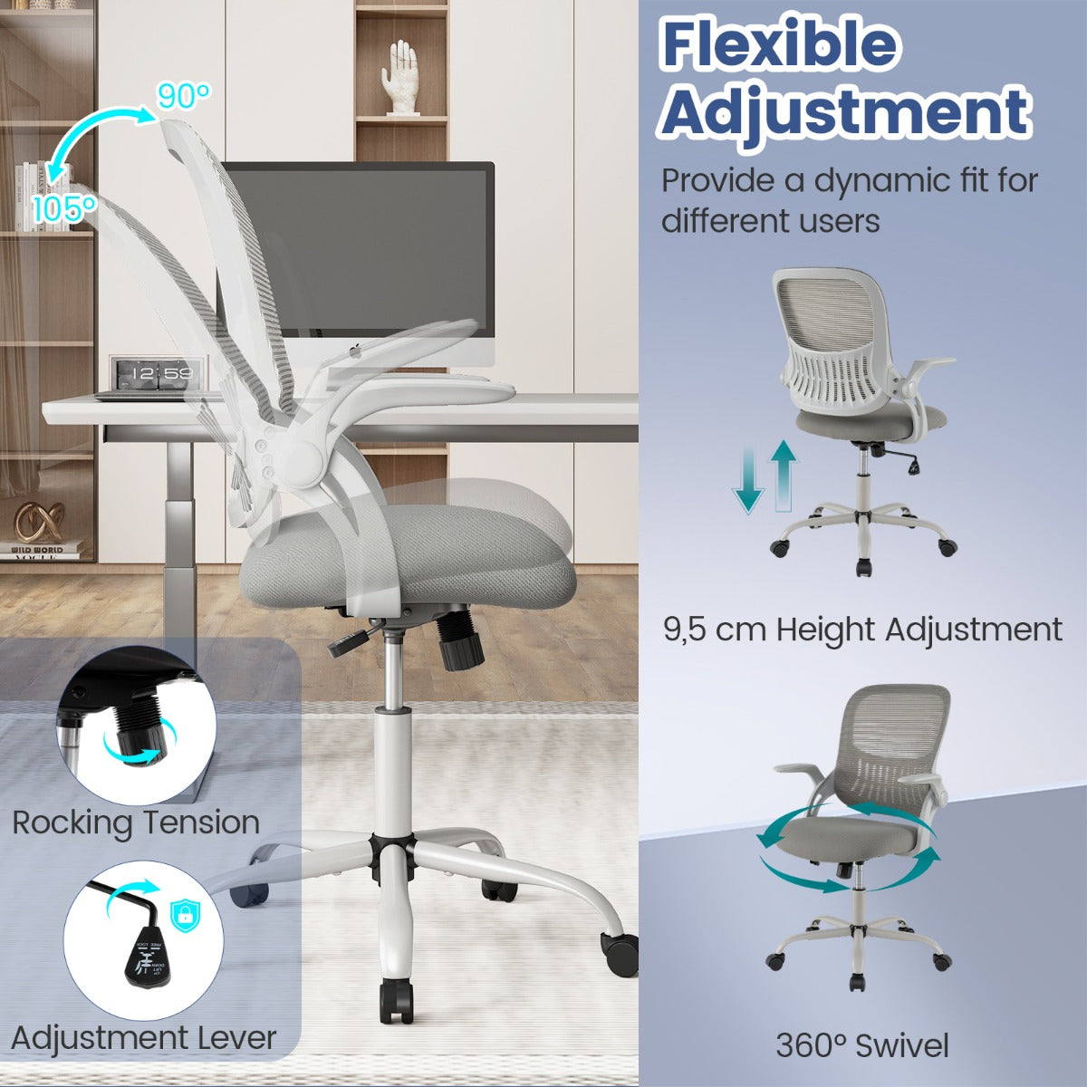 Ergonomisk – kontorsstol med uppfällbara armstöd och gungfunktion datorstol – Grå