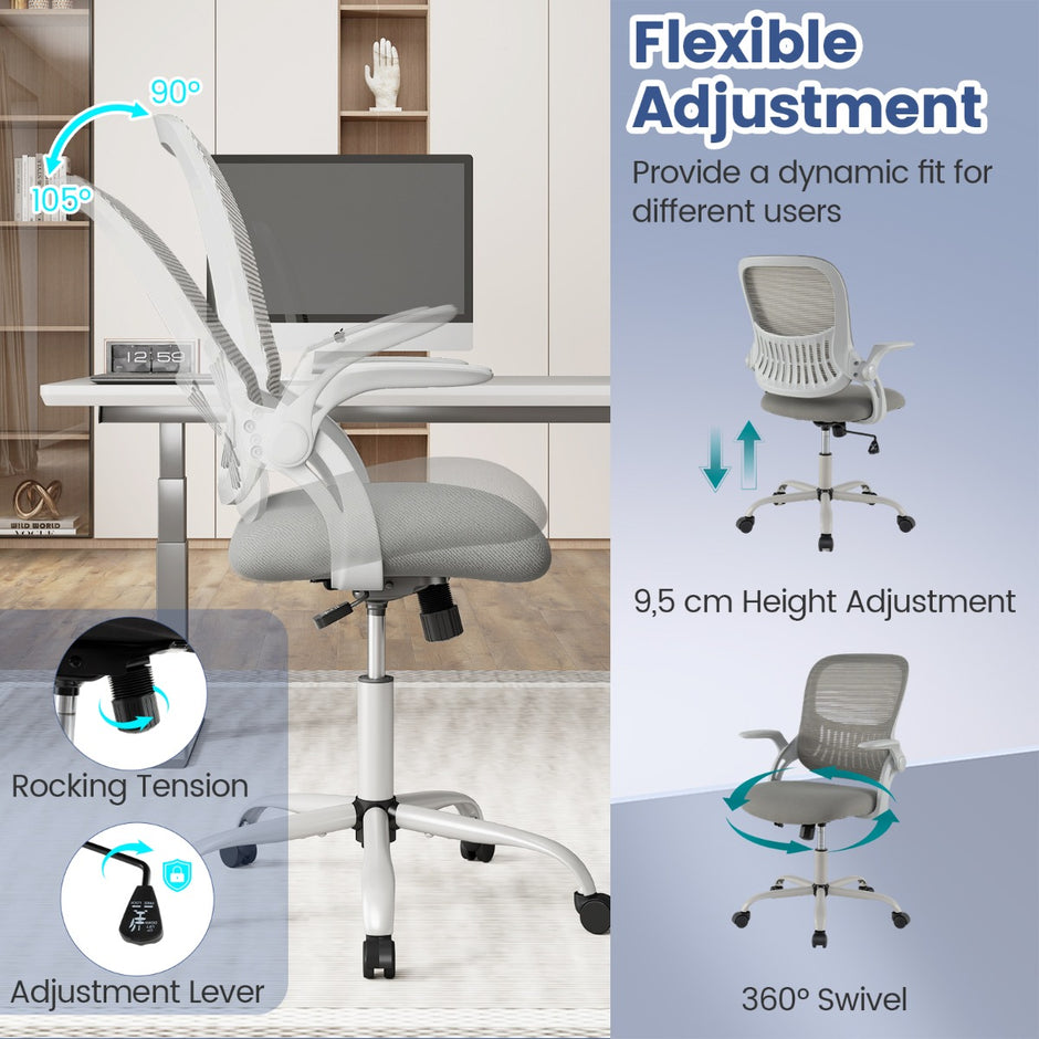 Ergonomisk – kontorsstol med uppfällbara armstöd och gungfunktion datorstol – Grå