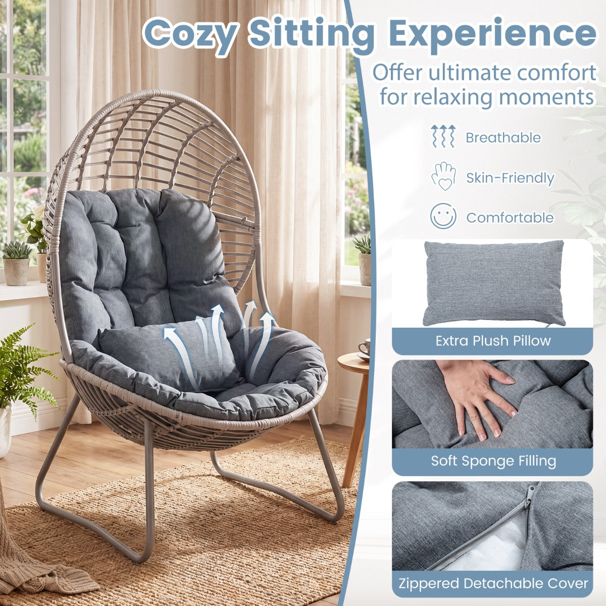 Trädgårdsstol – i PE rotting loungestol med avtagbara sitt och ryggdynor korgstol metallram – Grå