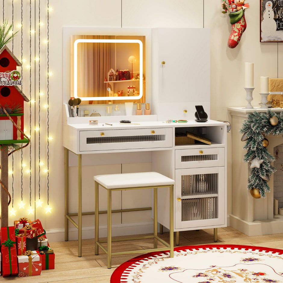 Sminkbord – med LED belysning och laddstation lådor smyckesskåp – 3 – Vit