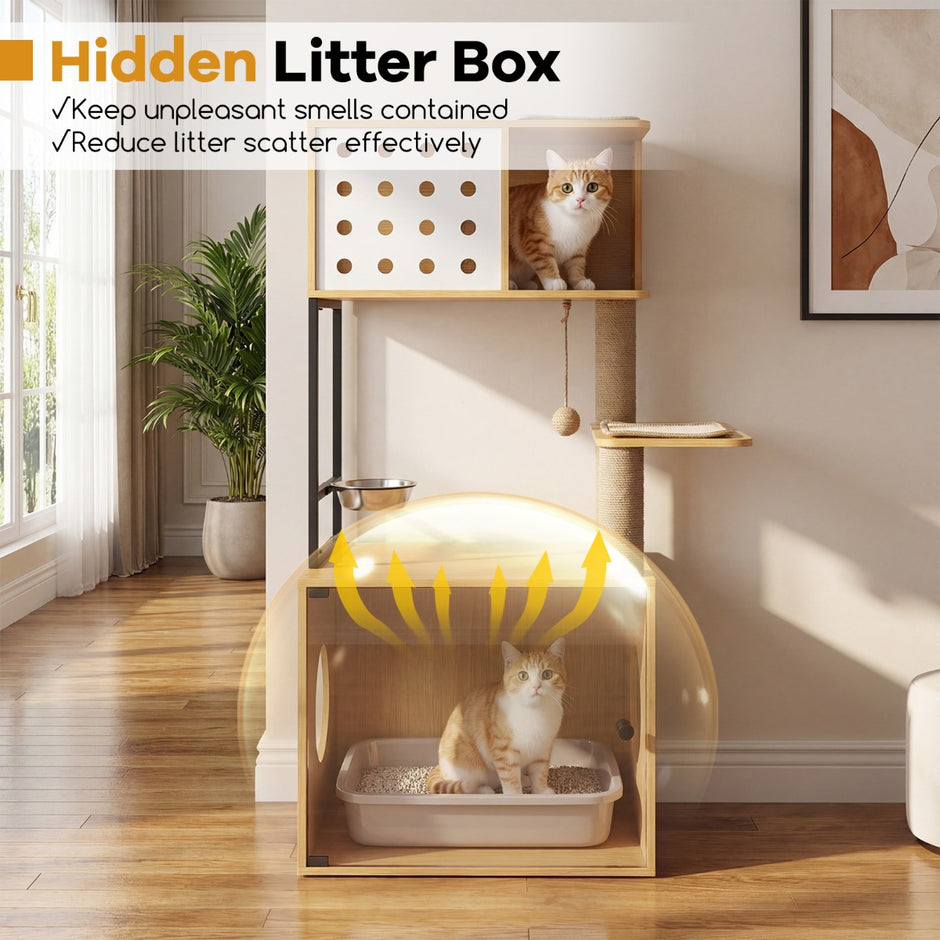 Kattträd – med kattlådeskåp Flervånigt Kattkratträd – 117,5 cm – Natur