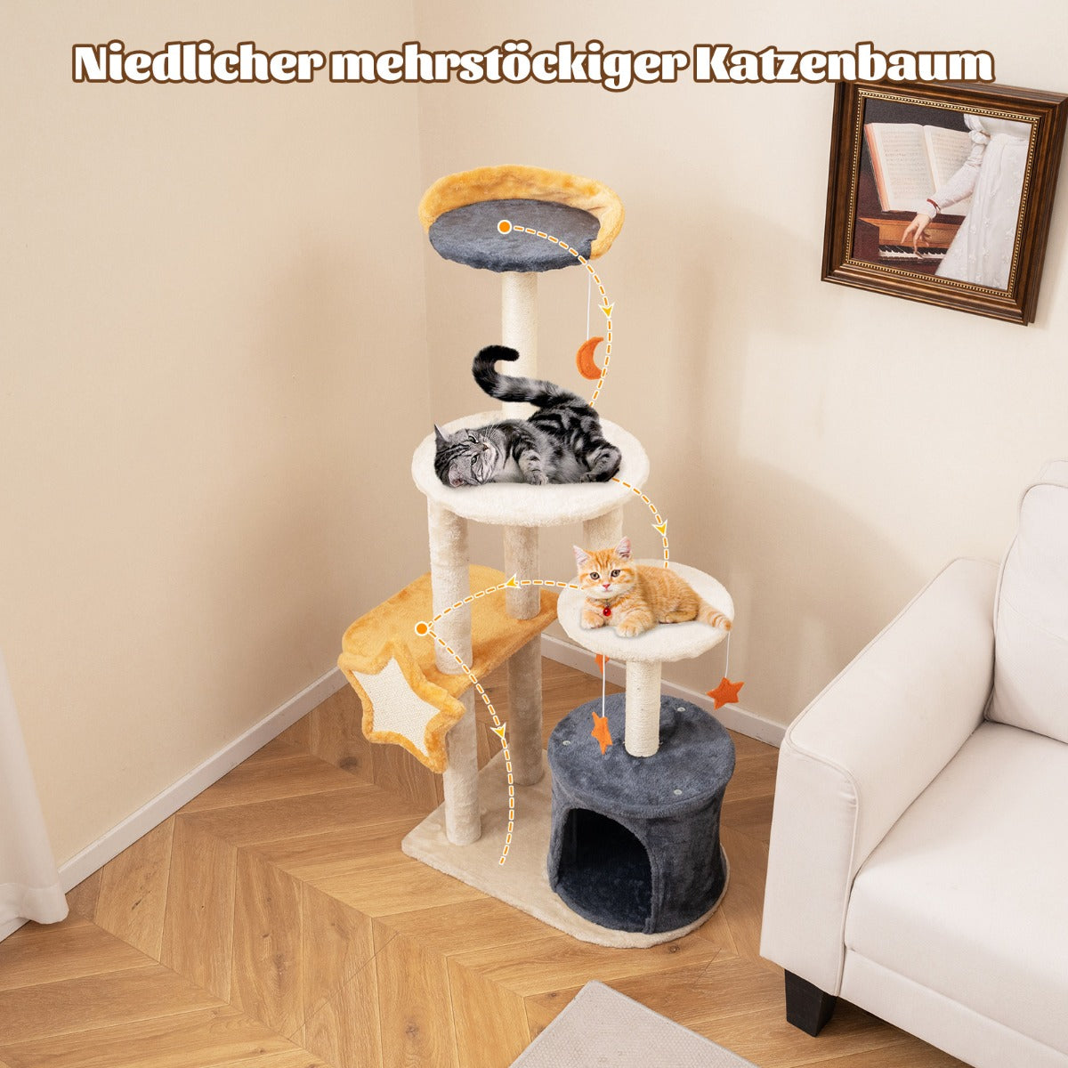 Skrapstolpe – kattträd med kattgrotta och plyschsits leksaker plattformar – 60 x 41 x 128 cm – Beige