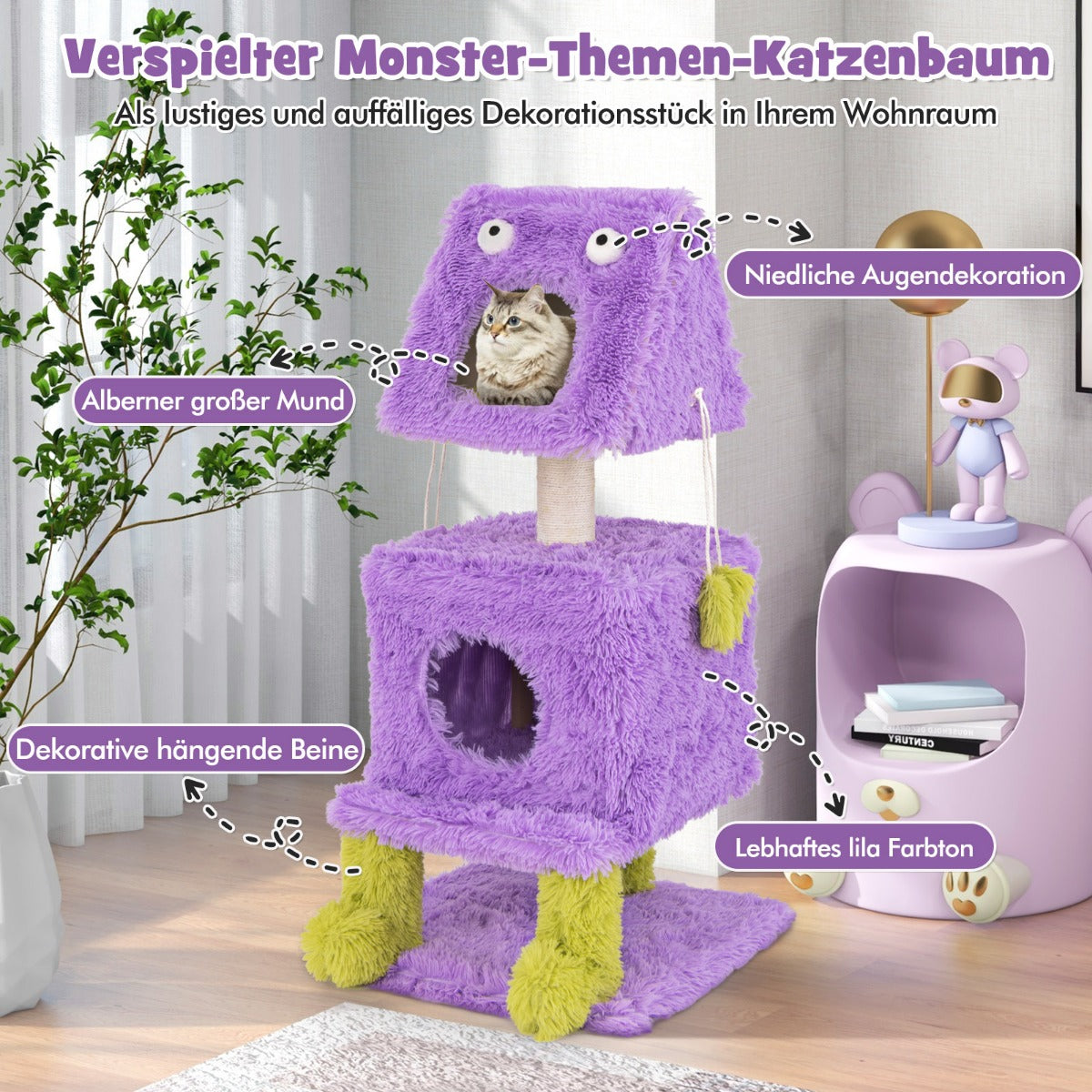 Skrapstolpe – Liten kattträd med monstertema kattgrottor och avtagbar topp – 111 cm 2 – Lila