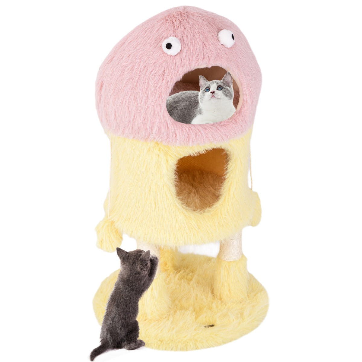 Skrapstolpe – litet högt kattträd med monstertema kattgrottor rosa+gult – 93 cm 2 – Gul