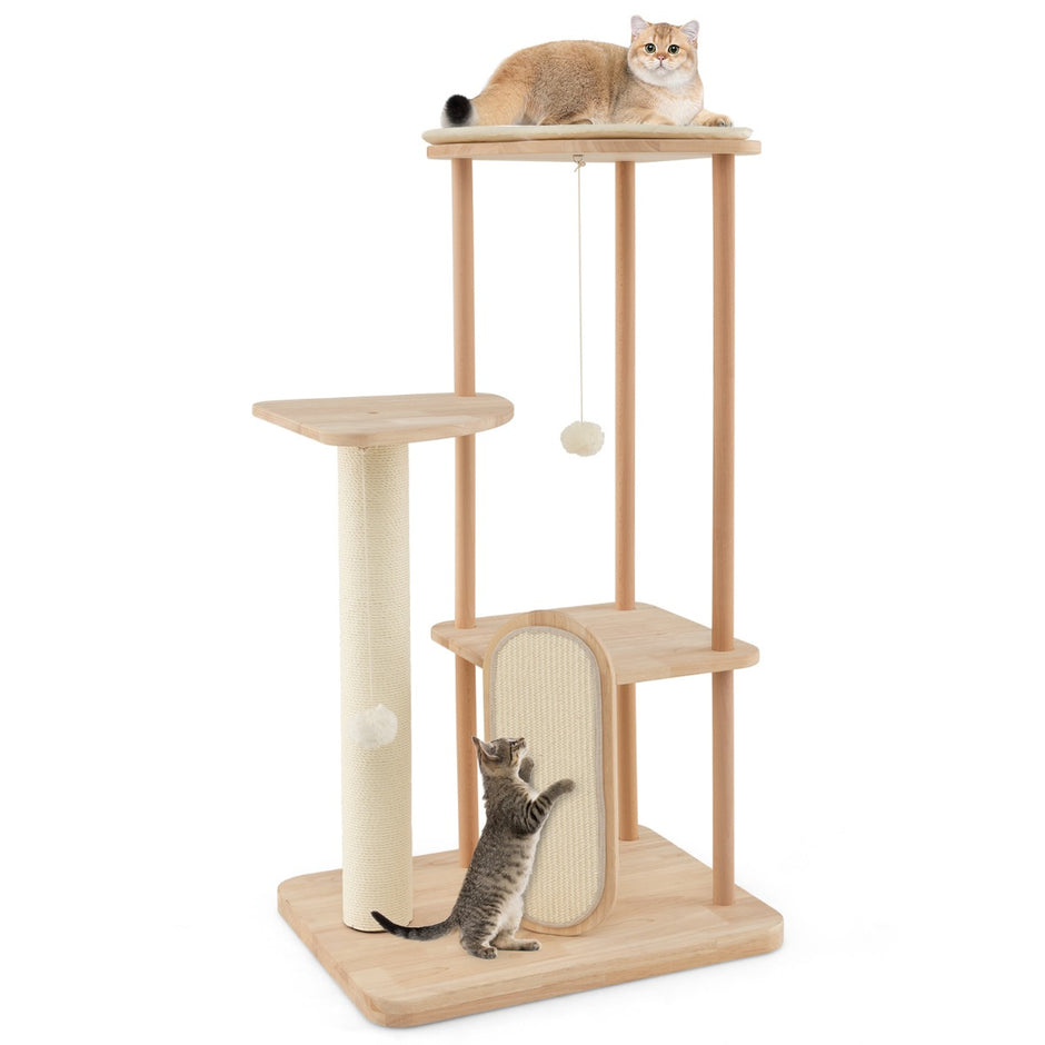 Träskrapstolpe, – katttorn i flera våningar med skrapbräda, sisalstolpar och vadderad sits, – 59 x 47 x 112 cm – Beige