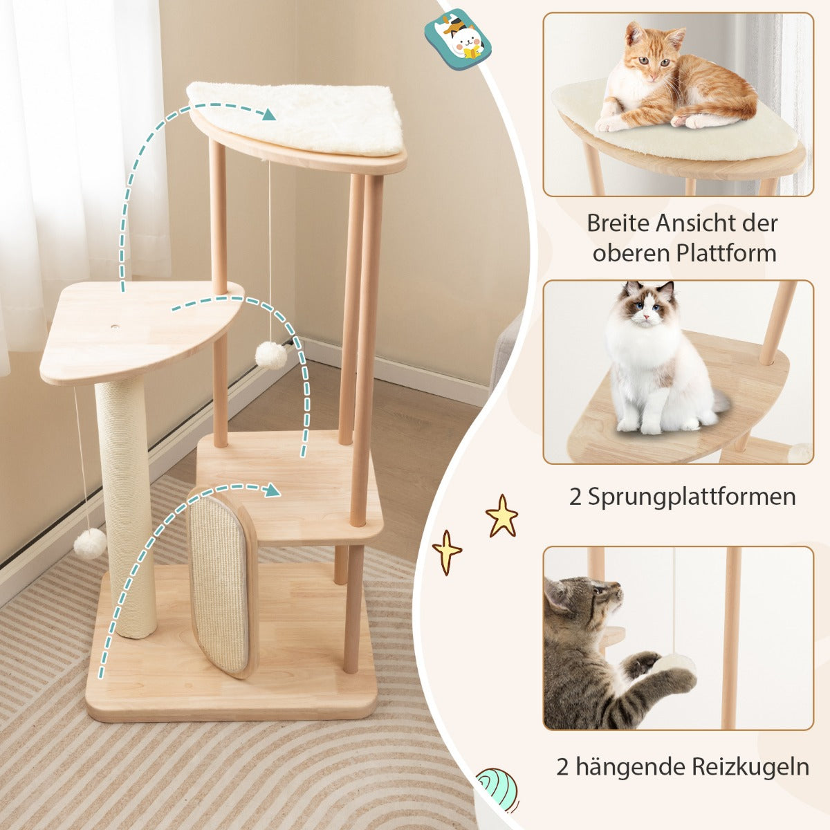 Träskrapstolpe, – katttorn i flera våningar med skrapbräda, sisalstolpar och vadderad sits, – 59 x 47 x 112 cm – Beige