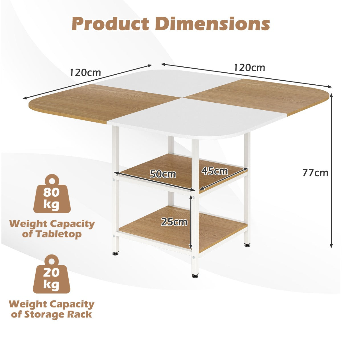 Esstisch – Küchentisch mit Ablagen quadratischer Esszimmertisch für Personen – 2 4 120 x 120 x 77 cm – Kaffe