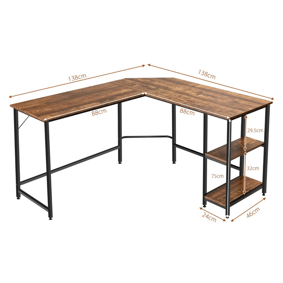 L – format skrivbord hemmakontor med hyllplan kaffebrun + – 2 138 x 138 x 75,5 cm – Brun