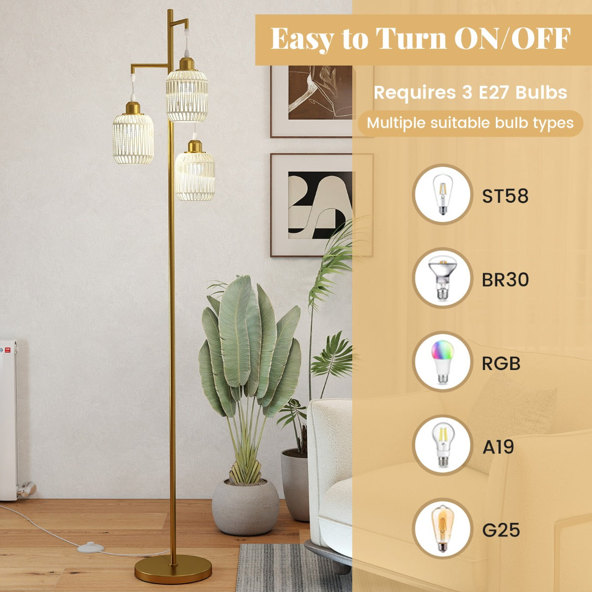 Stående – lampa med E27 socklar och fotbrytare, modern burskärm – 173 cm 3 – Guld