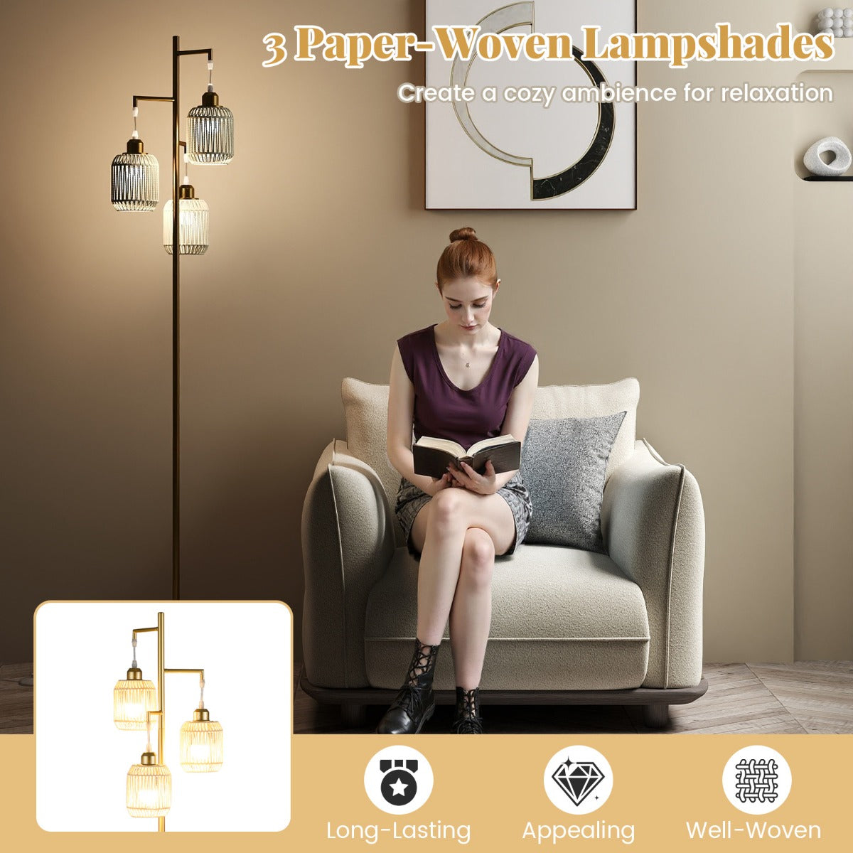 Stående – lampa med E27 socklar och fotbrytare, modern burskärm – 173 cm 3 – Guld