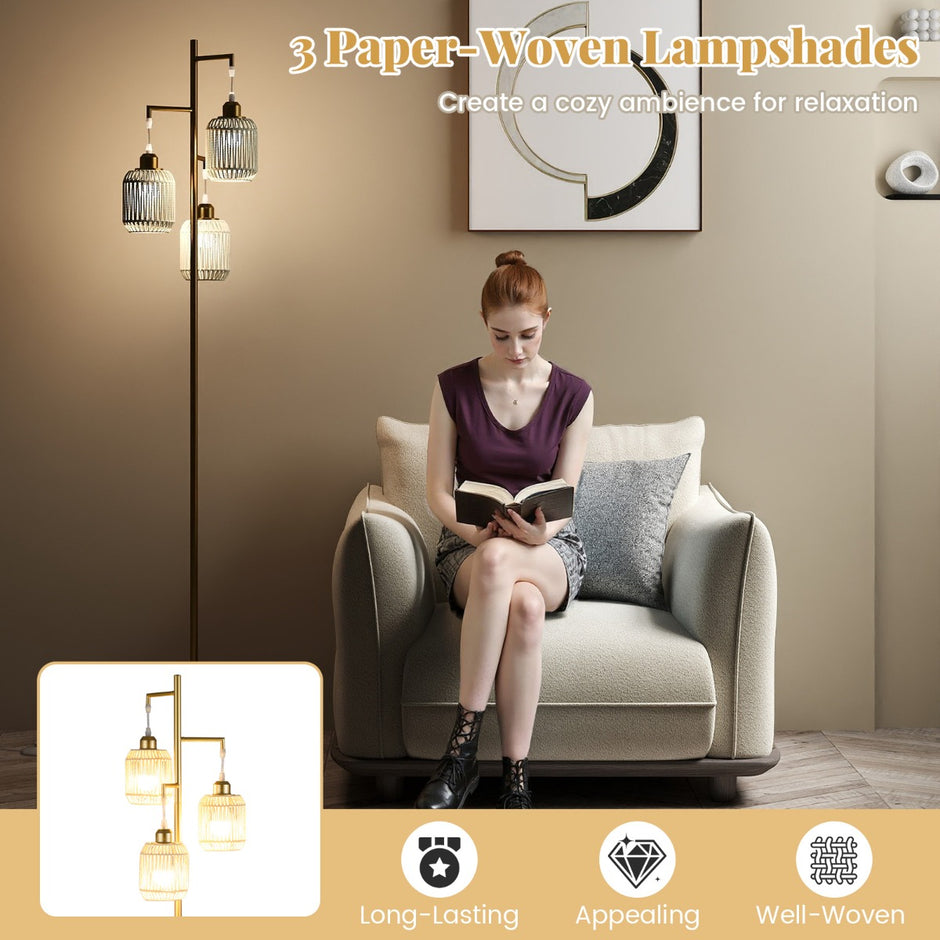 Stående – lampa med E27 socklar och fotbrytare, modern burskärm – 173 cm 3 – Guld