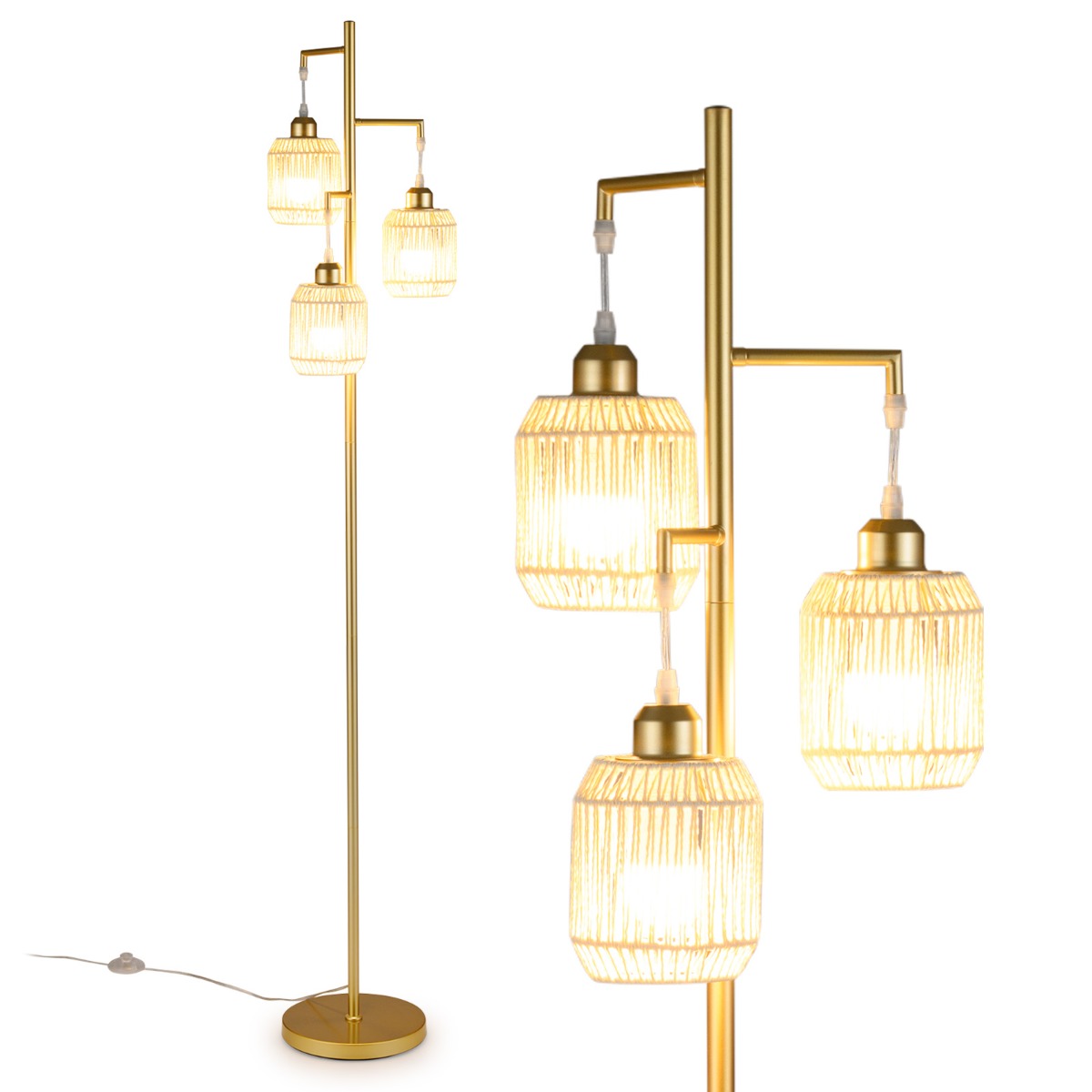 Stående – lampa med E27 socklar och fotbrytare, modern burskärm – 173 cm 3 – Guld