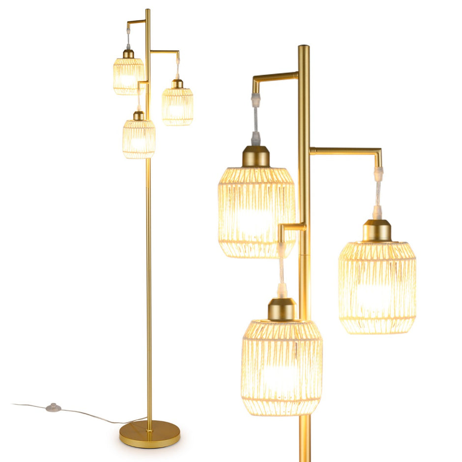 Stående – lampa med E27 socklar och fotbrytare, modern burskärm – 173 cm 3 – Guld