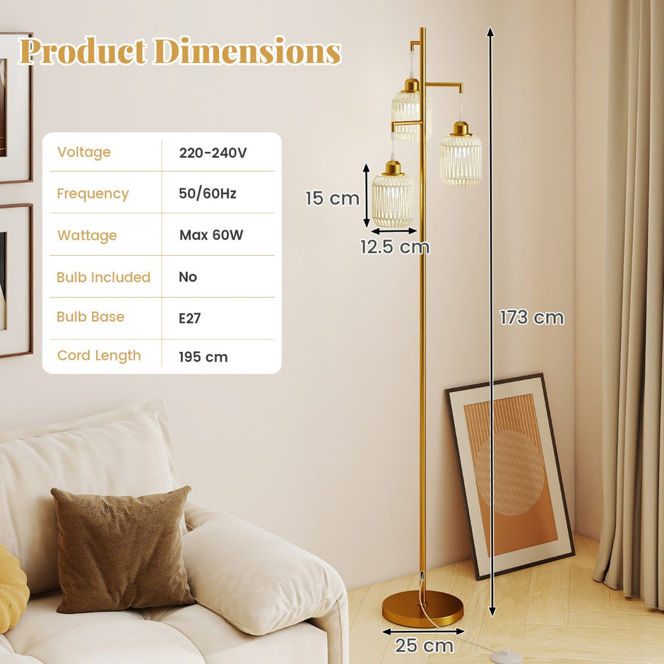 Stående – lampa med E27 socklar och fotbrytare, modern burskärm – 173 cm 3 – Guld