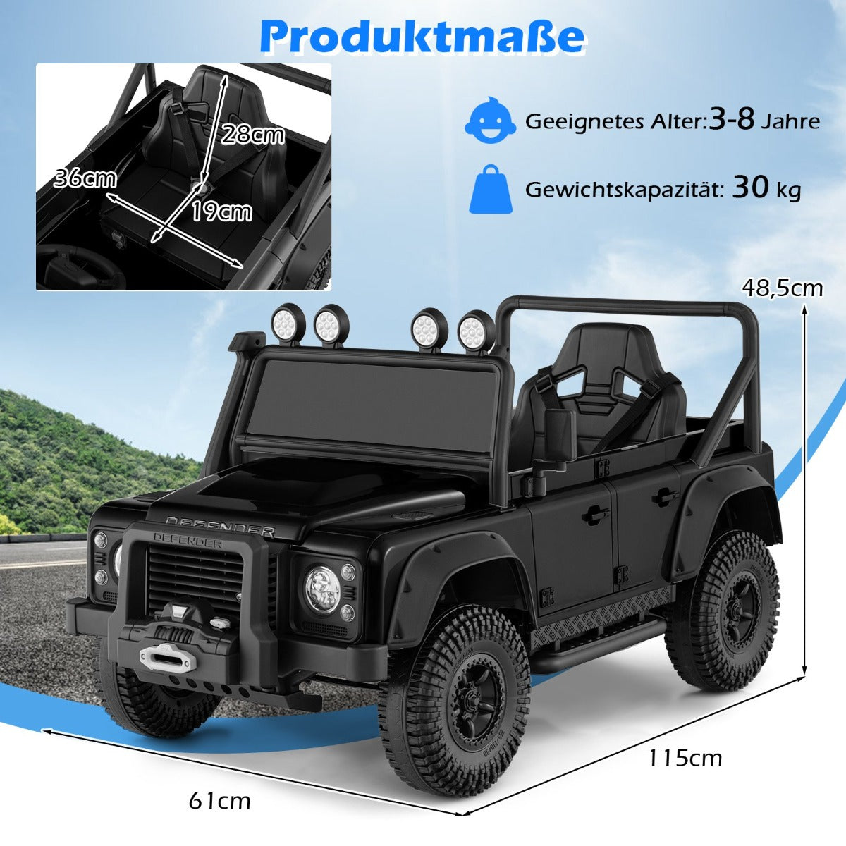 Land – Rover Defender elbil med fjärrkontroll för föräldrar – Svart