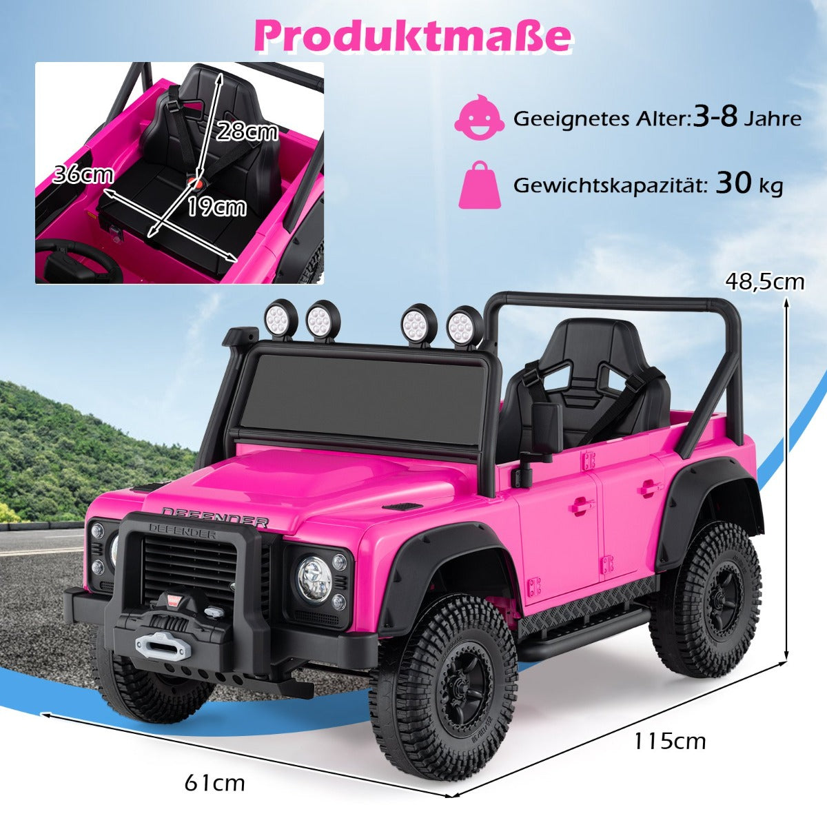 Land – Rover Defender elbil med fjärrkontroll för föräldrar Fullfjädring Strålkastare – Rosa