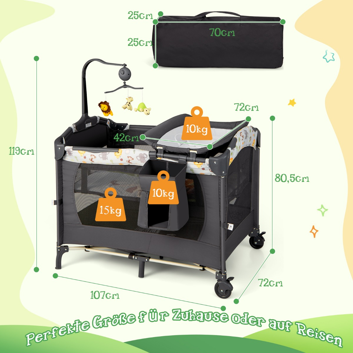 Bärbar – babylekhage i konvertibel med säng – 3 1 107 x 72 x 80,5 cm – Grå
