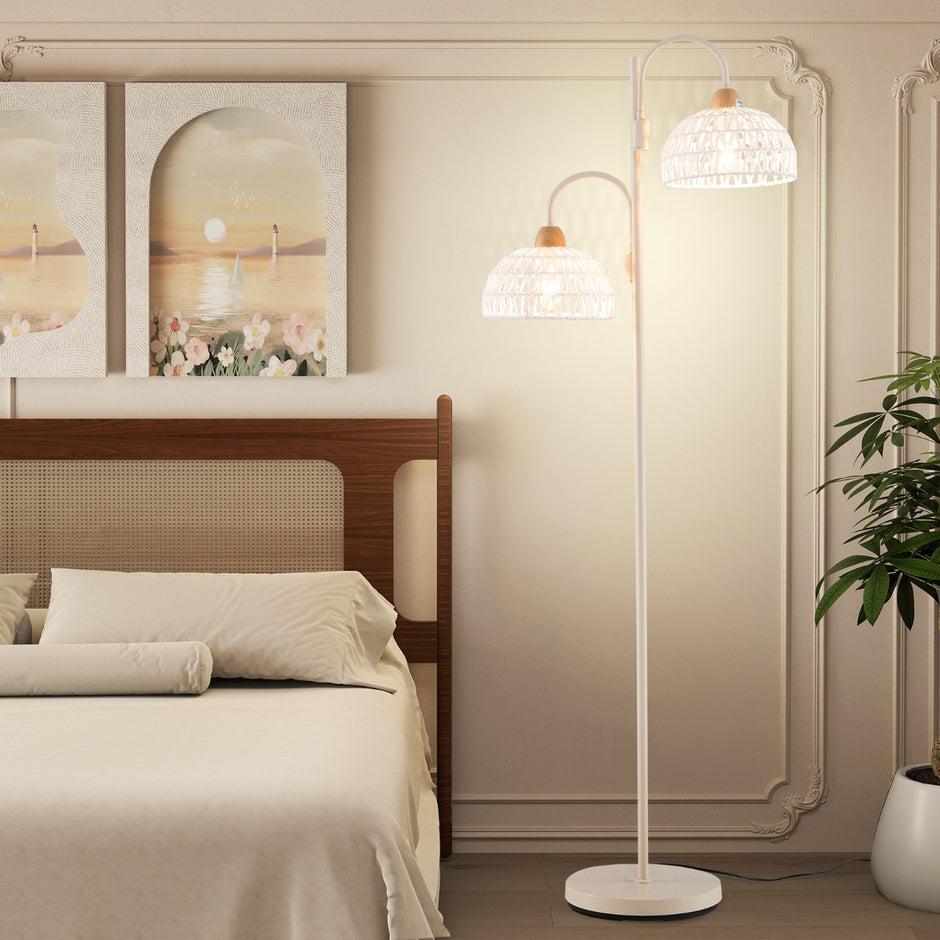 Golvlampa – med lampor och fotkontakt 350° roterande trädlampa vävda lampskärmar – 2 – Vit