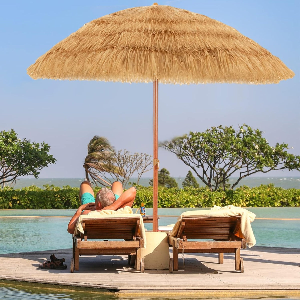 Strandsolskydd – Rishalm Vit + Beige Liggstol med Justerbar Ryggstöd Set – 175 cm – Grå