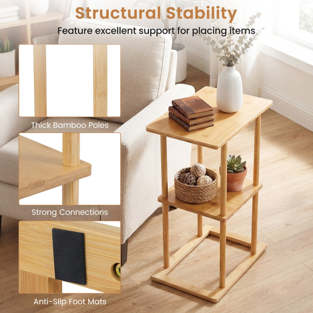 pack – bambus sidobord med förvaringshyllor, rektangulärt sofabord, soffbord – 2 – Natur