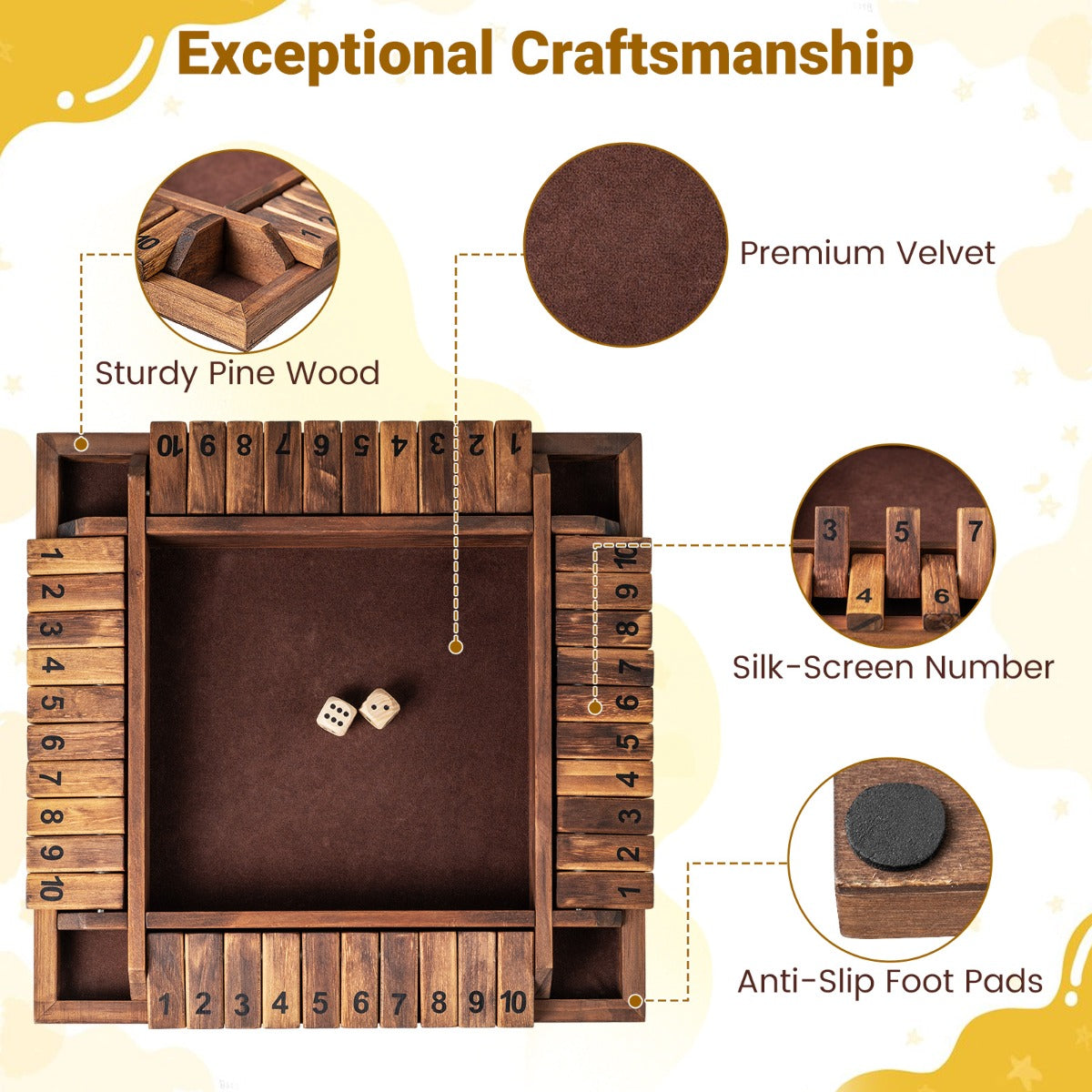 Shut – The Box spel för med tärningar och robust – 2-4 2 – Brun