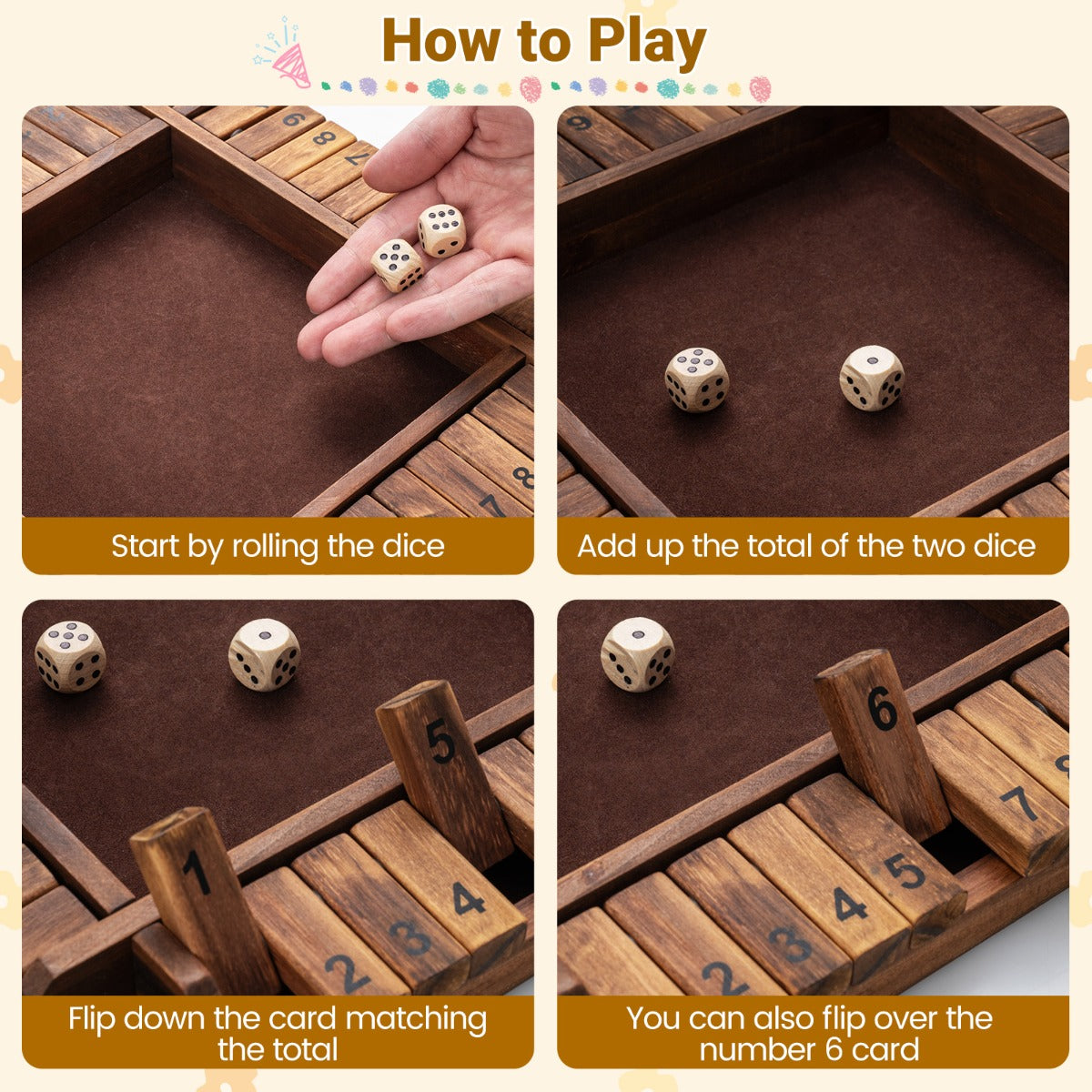 Shut – The Box spel för med tärningar och robust – 2-4 2 – Brun