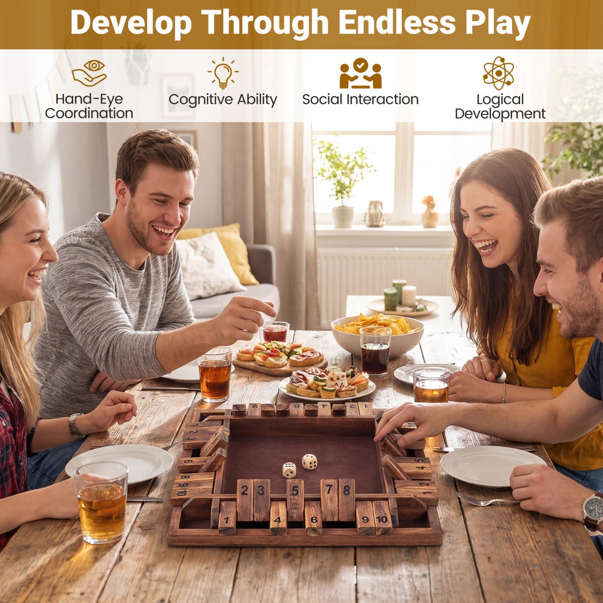 Shut – The Box spel för med tärningar och robust – 2-4 2 – Brun