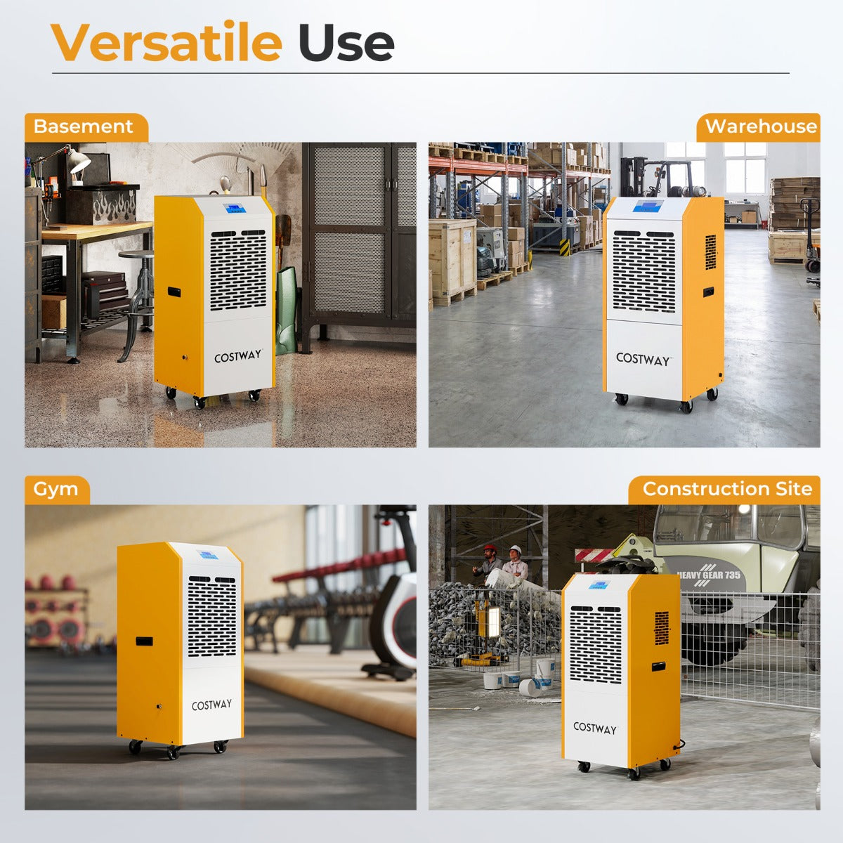 Luftavfuktare – 90L/Dag Byggtorkare Kommersiell med Pump Avloppsslang Hjul 24H Timer – 4 – Gul