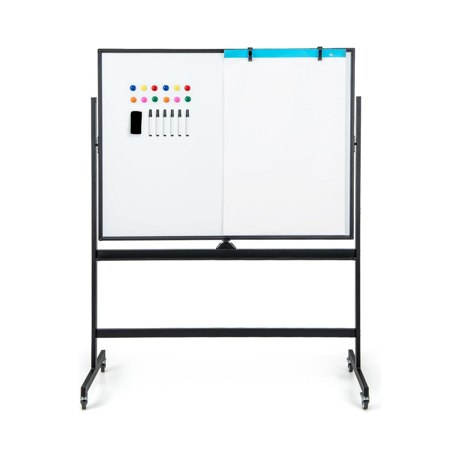 Dubbelsidig – mobil whiteboard med rutmönster och stativ pennfack – 120 x 90 cm – Svart