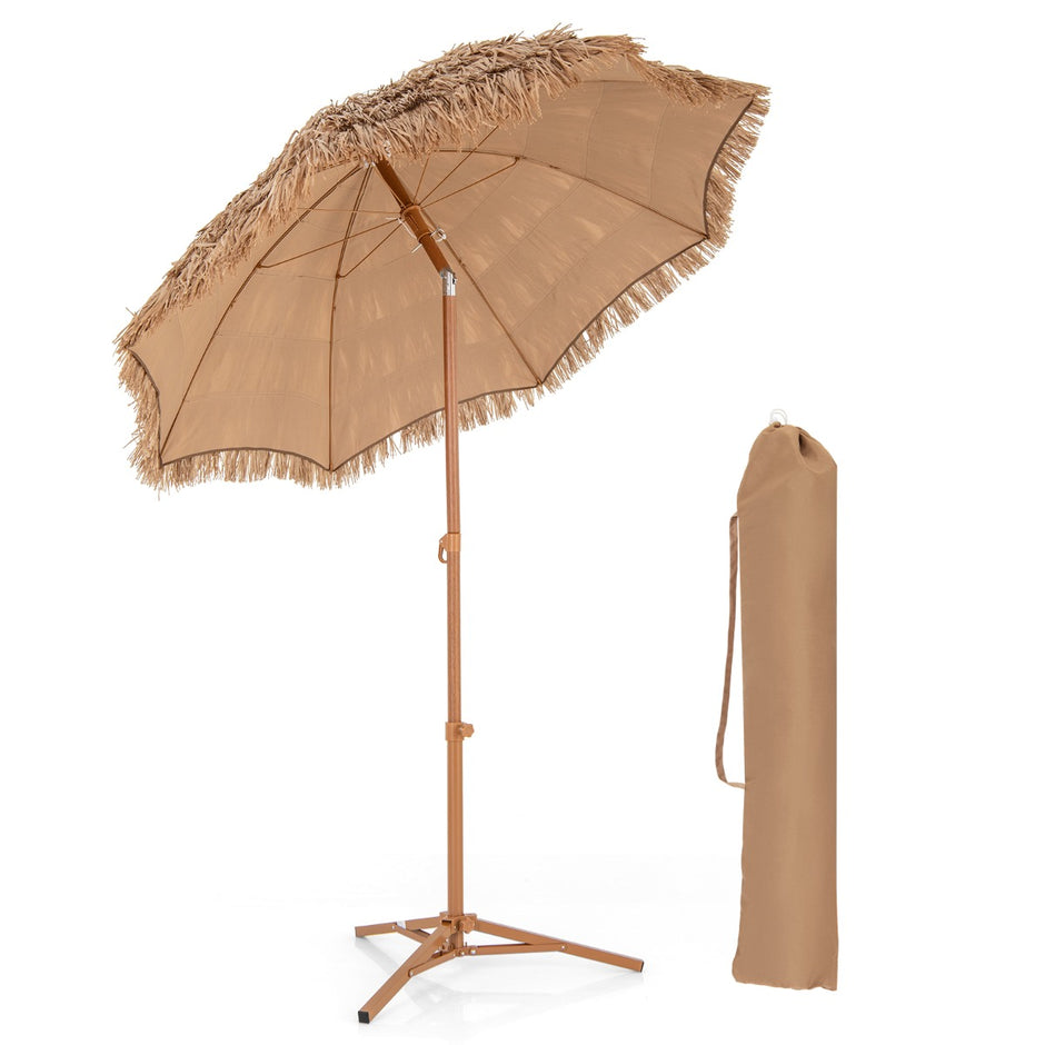 Hawaiian – Style Beach Paraply med hopfällbart stativ och lutningsknopp bärväska Tiki – Natur